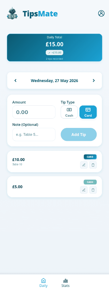 TipsMate daily tip logging screen